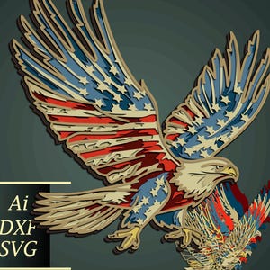 Aquila 3D multistrato SVG/Mandala USA/Carta patriottica tagliata/Taglio di compensato/Regalo patriottico digitale/Regalo fai da te/Taglio laser patriottico/Scatola delle ombre/Bandiera USA CNC