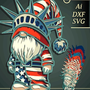 Gnome patriotique multicouche SVG/Drapeau des États-Unis/Papier patriotique/contreplaqué découpé mandala 3D/Cadeau bricolage/Cadeau en bois/Décoration d'intérieur/Independens Day cnc