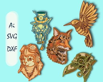 5-designs Steampunk Animal Bundle SVG, Multilayer Cut File, Cricut&Glowforge, Laser cut Set