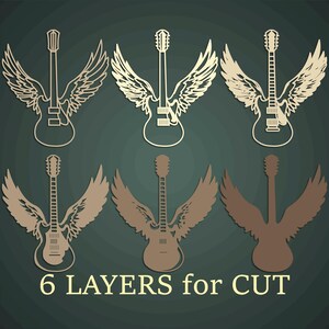 May include: A collection of six guitar designs with angel wings, in various shades of brown and beige, arranged on a dark green background. The text "6 LAYERS for CUT" is at the bottom. These designs are suitable for cutting.