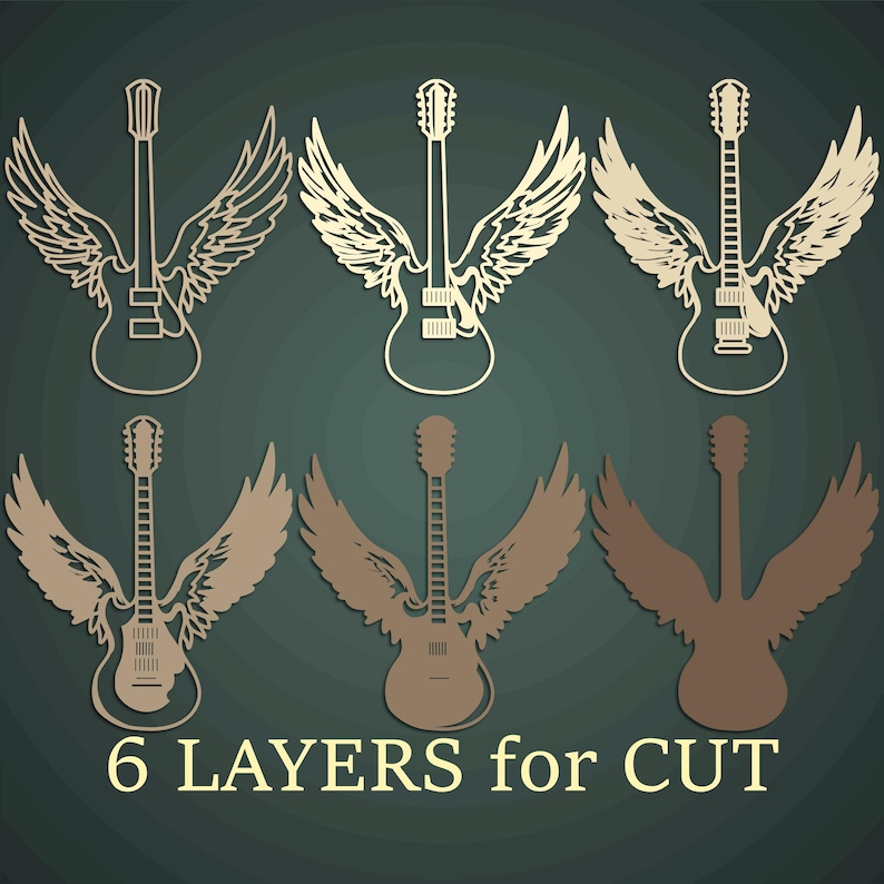 May include: A collection of six guitar designs with angel wings, in various shades of brown and beige, arranged on a dark green background. The text "6 LAYERS for CUT" is at the bottom. These designs are suitable for cutting.