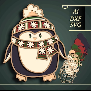Pingüino multicapa 3D SVG/pingüino cortado con CNC/corte de papel navideño/mandala 3D cortado con madera contrachapada/caja de sombras de pingüino/regalo navideño DIY/archivo cortado con láser