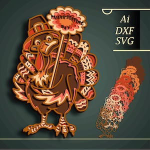 Türkei multilayer 3D SVG/ Thanksgivin multilayer/Türkei 3D Mandala/Türkei Papierschnitt / Sperrholz geschnitten 3D Mandala/Türkei cnc cut / Lasercutting Datei