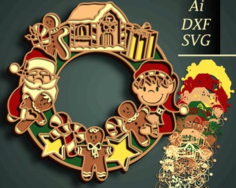 May include: A Christmas wreath with a gingerbread house, candy canes, gingerbread people, and a Santa Claus figure. The wreath is decorated with green leaves and red berries. The wreath is surrounded by a white background.