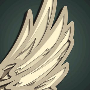 May include: A layered paper art piece depicting a stylized wing in shades of beige and cream against a dark teal background. The wing's design features multiple layers, creating a 3D effect with shadows.
