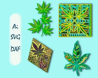 Puede incluir: Cinco archivos de corte digital de hojas de cannabis en varios estilos. Los archivos están en formatos AI, SVG y DXF. Las hojas son verdes, amarillas y naranjas.