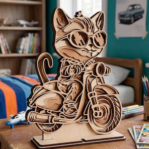 3D Cat Biker SVG, flerskiktsklippfil Cricut & Glowforge, CNC, Shadow Box, laserskärning