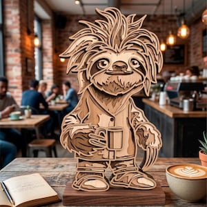 Könnte beinhalten: Mehrschichtige Holzskulptur eines Faultiers, das eine Kaffeetasse hält. Das Faultier trägt eine Jacke und Stiefel und steht auf einem Holzsockel. Die Skulptur befindet sich in einem Café.