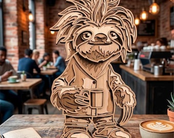 3D Sloth with Coffe SVG, Multilayer Cut File, Cricut&Glowforge, Shadow Box, Laser cut