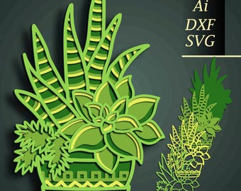 May include: A digital cut file design of a potted succulent plant with green and yellow leaves. The design is in a layered style, with the leaves and pot appearing to be cut out of paper. The design is perfect for creating paper crafts, home decor, and more.