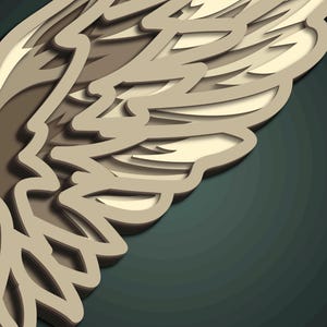 May include: A layered paper art piece depicting a stylized wing. The wing is composed of multiple layers in shades of beige and brown, creating a 3D effect. The background is a gradient of dark teal to black.
