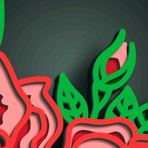 May include: Abstract floral design with layered paper cut-out effect. The image features red, pink, and green elements against a dark gray background. The design includes stylized leaves and flower shapes, creating a three-dimensional appearance.