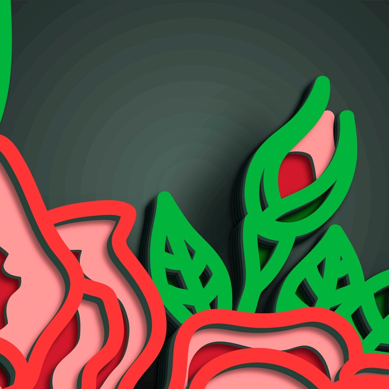 May include: Abstract floral design with layered paper cut-out effect. The image features red, pink, and green elements against a dark gray background. The design includes stylized leaves and flower shapes, creating a three-dimensional appearance.