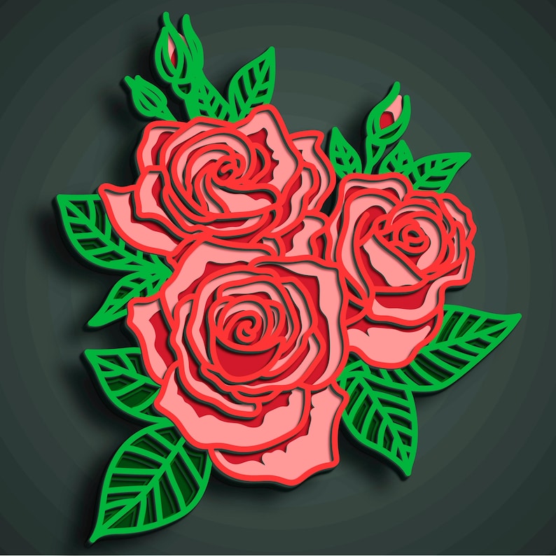 May include: A layered paper art piece featuring three red roses with pink shading and green leaves. The roses are in full bloom, with detailed petals and a dark background.