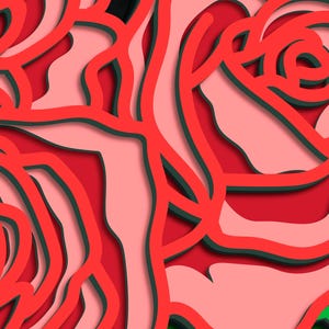 May include: Abstract paper art with layered red, pink, and dark green shapes. The design features a series of curved lines and shapes, creating a three-dimensional effect. The color palette includes shades of red, pink, and green.