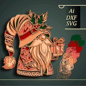 Gnomo navideño multicapa SVG/Mandala 3D de gnomo/Recorte de papel navideño/Mandala 3D cortado en madera contrachapada/Regalo DIY/Mandala de madera/Decoración del hogar/Regalo navideño