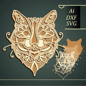 SVG multicouche chat/ mandala 3D chat/ papier découpé chat/ mandala 3D contreplaqué découpé/ mandala 3D chat / découpé cnc chat / chat multicouche / fichier Shadow Box