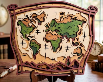 May include: A multi-layered wooden world map in shades of brown, green, and tan, mounted on a wooden stand. The map features detailed cutouts of continents and oceans, with a dark red border. The piece is displayed on a wooden surface.