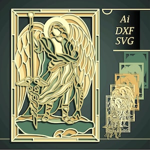 May include: A digital cut file design of an angel with wings, holding a staff. The angel is standing on a cloud and is surrounded by a decorative frame. The design is available in AI, DXF, and SVG formats.