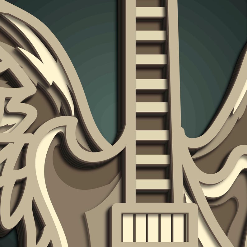May include: Abstract layered paper art of a guitar. The design features a guitar neck and body with a layered effect in shades of beige, brown, and teal. The artwork has a 3D appearance.