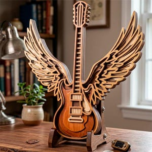 Könnte beinhalten: Eine Holzgitarrenskulptur mit geschichteten Flügeln. Die Gitarre ist braun mit helleren Holzakzenten, und die Flügel sind aufwendig geschnitten. Sie steht auf einem Holzständer und zeigt ein einzigartiges, künstlerisches Design. Ein Plektrum und ein Stimmgerät sind sichtbar.