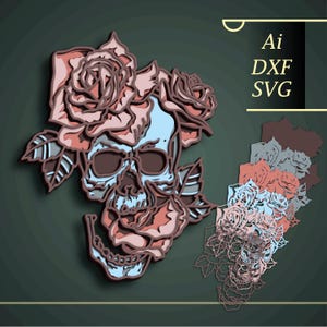 May include: A digital cut file design of a skull with roses. The skull is blue and brown, and the roses are pink and white. The design is perfect for crafting projects like paper cutting, vinyl decals, and more.