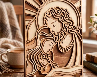 May include: A layered wooden art piece depicting a family with a halo. The artwork features a light brown and dark brown color palette, with intricate details and a stand for display. The family is embracing, creating a warm and loving scene.