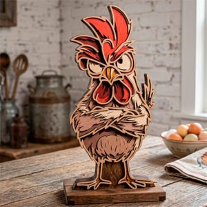 May include: A wooden rooster sculpture with an angry expression. The sculpture is made of layered wood, with red comb and wattle, and is mounted on a dark wooden base. The rooster has its arms crossed and is set on a wooden table.