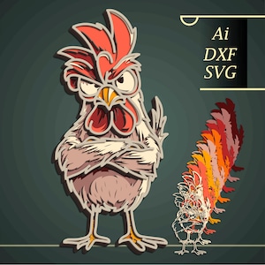 Könnte beinhalten: Ein mehrschichtiges Papierkunst-Design eines wütenden Hahns mit verschränkten Armen, in Rot-, Orange- und Weißtönen. Der Text "Ai, DXF, SVG" ist in einem rechteckigen Feld enthalten.
