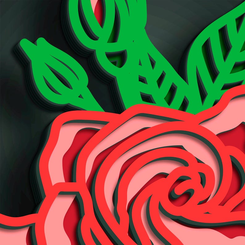 May include: A layered paper art illustration featuring a red rose with pink and green accents. The rose is in the lower portion of the image, with green leaves and buds in the upper portion. The background is a dark gray.