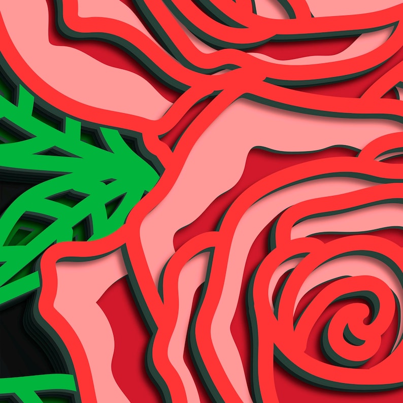 May include: Abstract paper art featuring a layered design with red, pink, and green elements. The composition includes a stylized rose with curved lines and a leaf, creating a 3D effect.