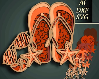 May include: A digital cut file design featuring a pair of flip flops, a seashell, sunglasses, and starfish. The design is in shades of orange and brown. The text "Ai, DXF, SVG" is in the upper right corner of the image.