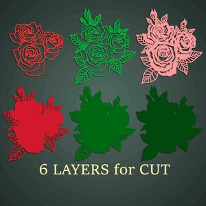 May include: An image showcases six rose designs in red, green, and pink, with leaf details. The designs are arranged in two rows of three, with both outline and solid versions. The text "6 LAYERS for CUT" is at the bottom.