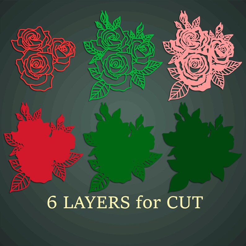 May include: An image showcases six rose designs in red, green, and pink, with leaf details. The designs are arranged in two rows of three, with both outline and solid versions. The text "6 LAYERS for CUT" is at the bottom.