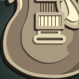 May include: A layered paper art illustration of a guitar in shades of beige, tan, and brown. The design features a detailed headstock, fretboard, and body, with a dark teal background.