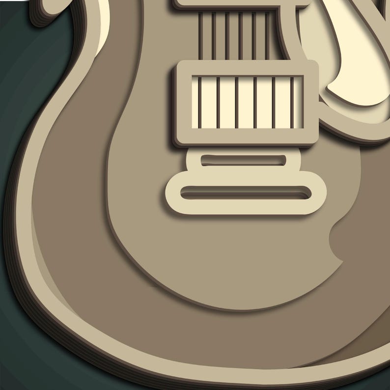 May include: A layered paper art illustration of a guitar in shades of beige, tan, and brown. The design features a detailed headstock, fretboard, and body, with a dark teal background.