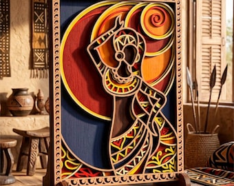 Peut inclure: Une œuvre d'art en bois multicouche représentant une femme africaine dans une pose traditionnelle. L'œuvre présente une palette de couleurs vives de rouge, jaune, orange et bleu. La pièce est encadrée dans un cadre en bois décoratif et repose sur un socle en bois.