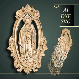Puede incluir: Un diseño de corte por láser de la Virgen María en un marco ornamentado. El diseño está disponible en formatos AI, DXF y SVG.