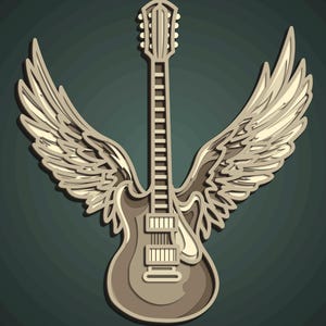 May include: A layered illustration of a guitar with angel wings. The guitar is a light brown color with darker brown shading, and the wings are a lighter beige. The background is a dark teal color.
