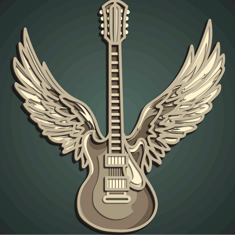 May include: A layered illustration of a guitar with angel wings. The guitar is a light brown color with darker brown shading, and the wings are a lighter beige. The background is a dark teal color.