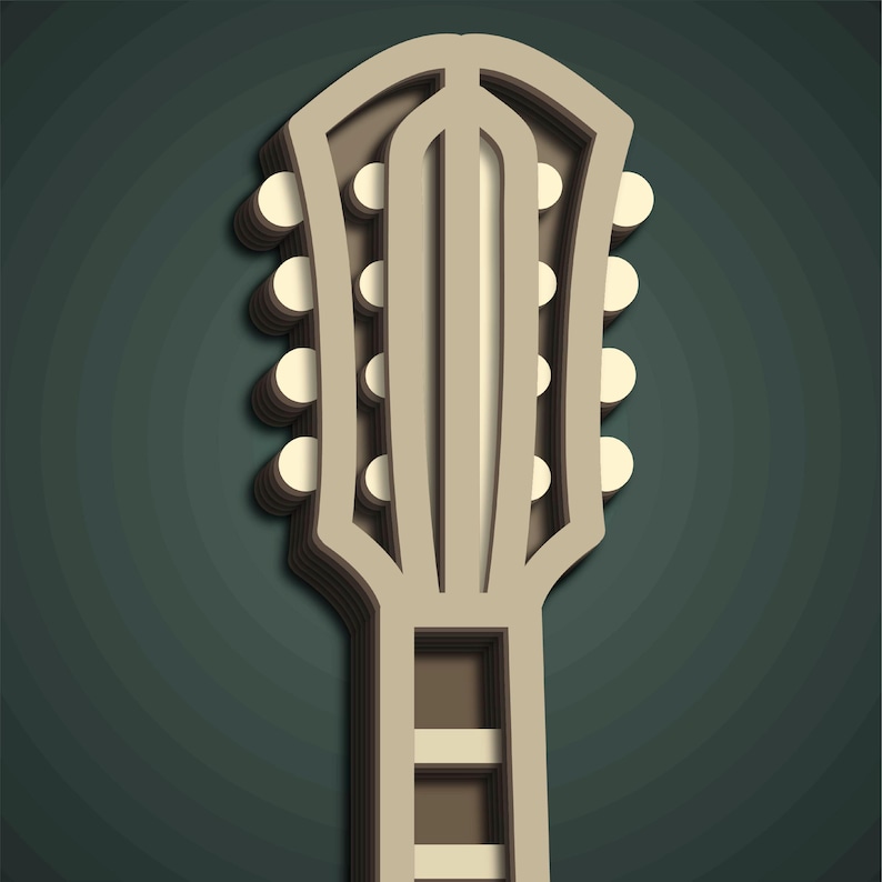 May include: A layered paper art illustration of a guitar headstock. The design features a light beige color with white tuning pegs against a dark teal background. The artwork has a 3D effect.