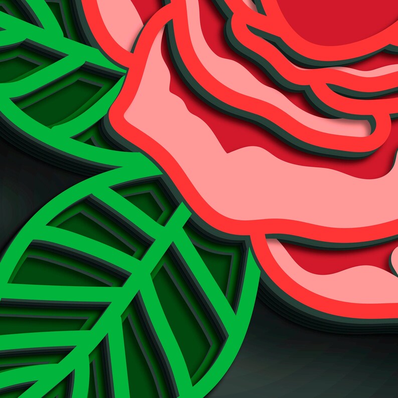 May include: A layered paper art design featuring a red rose and green leaves. The rose has a light pink center with red outlines, and the leaves are green with dark green and black layers. The background is dark gray.