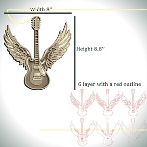 May include: A layered guitar with angel wings design, 8 inches wide and 8.8 inches high. The guitar is a light brown color with a red outline and six layers. The image also shows several red outline guitar designs.