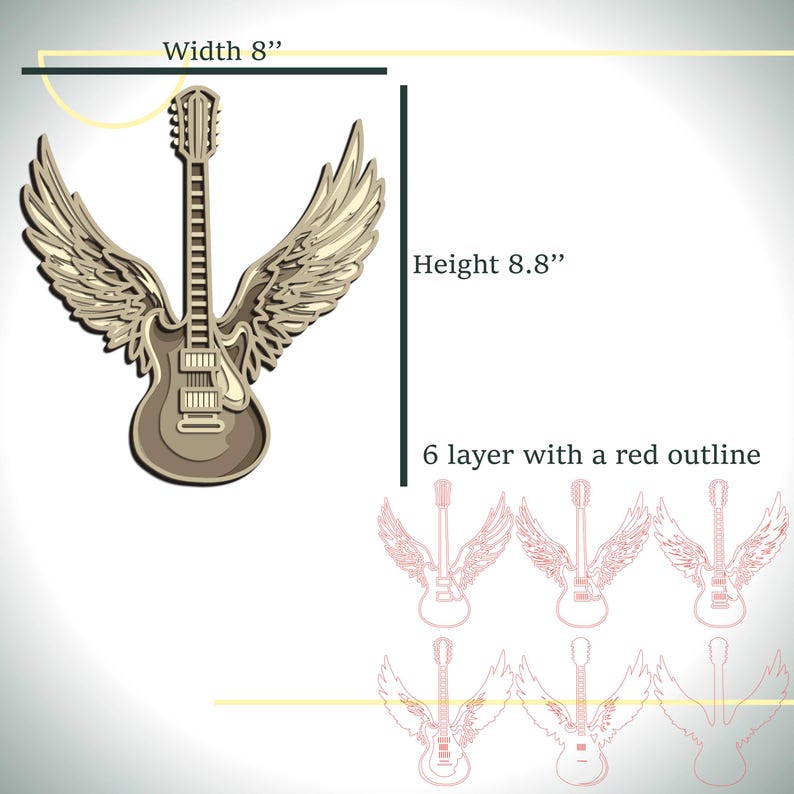 May include: A layered guitar with angel wings design, 8 inches wide and 8.8 inches high. The guitar is a light brown color with a red outline and six layers. The image also shows several red outline guitar designs.