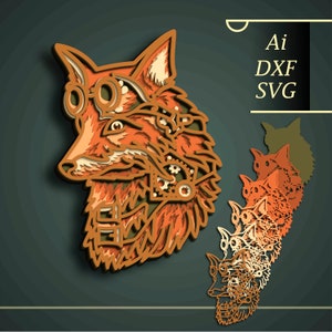 Fox Multilayer SVG/ Steampunk / Shadow Box/ Taglio del compensato/ Taglio della carta/ Strato SVG/ Taglio CNC/ Taglio laser/ File per macchine artigianali/ Decorazione da parete