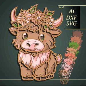 May include: A layered illustration of a cartoon yak wearing a floral crown. The yak is brown with pink accents and green eyes. The image includes the text "Ai, DXF, SVG" in a black rectangle.