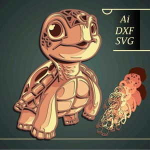 May include: A layered, three-dimensional turtle design in shades of tan and brown. The image includes the text "Ai, DXF, SVG" in a white box. The turtle has a smiling expression and is accompanied by several cut-out layers.