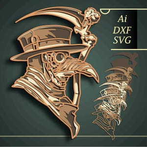 May include: A digital file for a laser cut design of a plague doctor wearing a top hat and holding a scythe. The design is in a layered style with a vintage aesthetic.