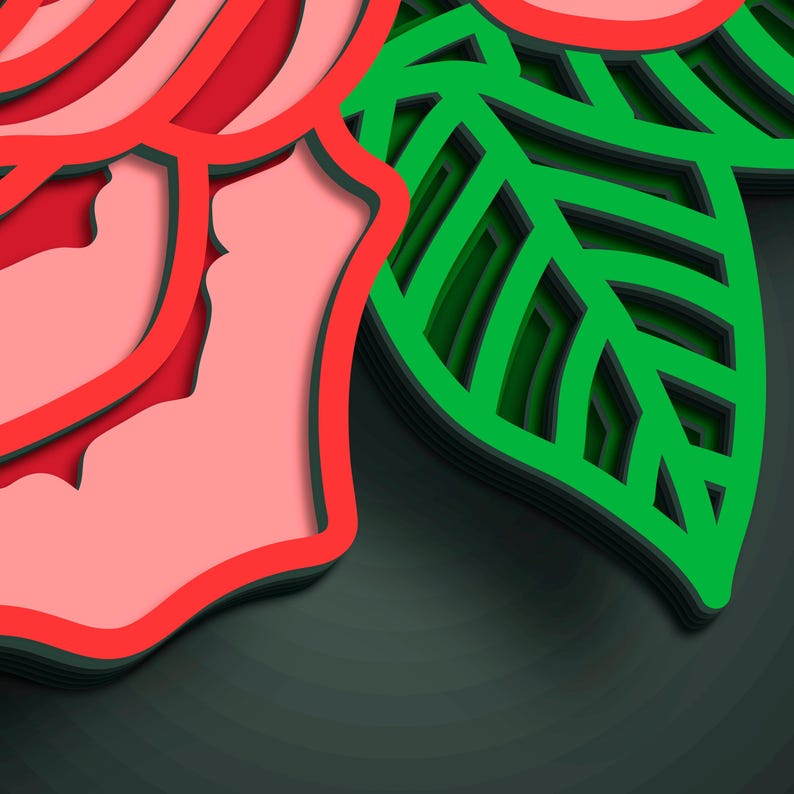 May include: A layered paper art piece featuring a stylized rose and leaf. The rose is in shades of red and pink, with a dark red outline. The leaf is green with a dark green outline, set against a dark gray background.