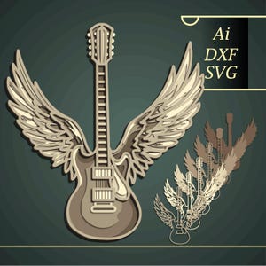 May include: A layered, sepia-toned guitar design with angel wings. The image includes the text "Ai, DXF, SVG" in a black box. Additional guitar and wing designs are shown in the background.